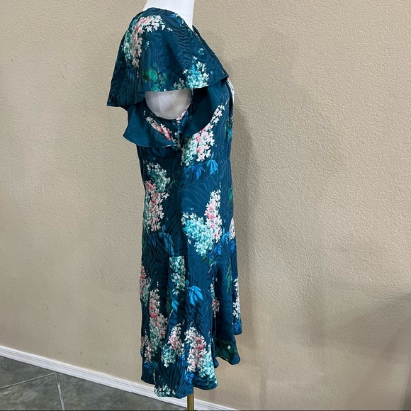 REBECCA TAYLOR Hydrangea Floral Silk Teal Shift Mini Dress Sz 8 MSRP $395 Party - Picture 5 of 14